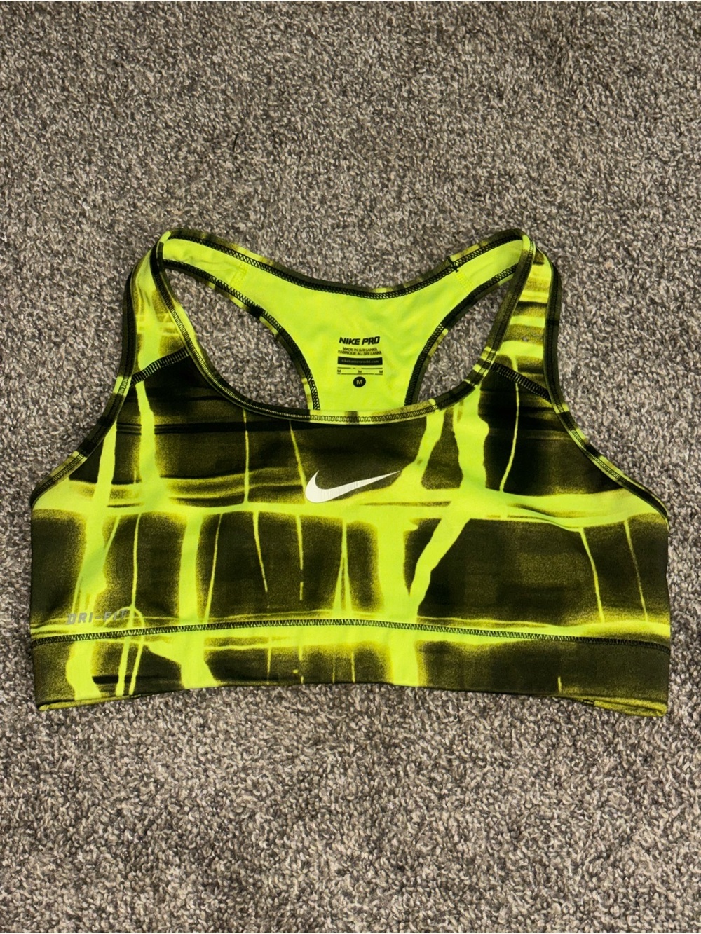 Nike Women's Neon Yellow and Black Racerback Sports Bra